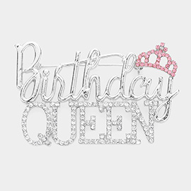 Stone Embellished Birthday Queen Message Crown Pin Brooch