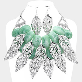 Metal Leaf Marbled Beaded Statement Necklace