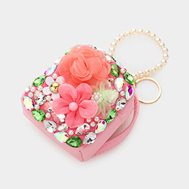 Flower Stone Embellished Pearl Handle Micro Backpack Bag / Keychain