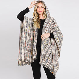 Hooded Plaid Check Patterned Front Pockets Fringe Ruana Poncho