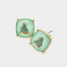 Gold Dipped Christmas Tree Cushion Square Stud Earrings