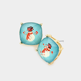 Gold Dipped Snowman Cushion Square Stud Earrings