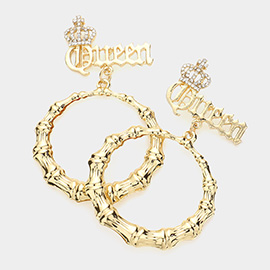 Stone Embellished Crown Queen Message Metal Bamboo Open Circle Link Dangle Earrings