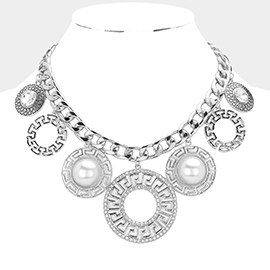Pearl Round Stone Accented Metal Link Necklace