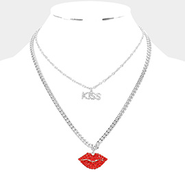 Stone Embellished Kiss Message Lips Pendant Double Layered Necklace