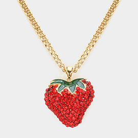 Stone Embellished 3D Strawberry Pendant Necklace