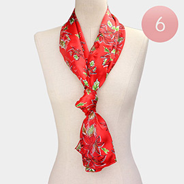 6PCS - Silk Feel Satin Striped Poinsettia Print Scarves