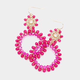 Flower Faceted Bead Wrapped Open Circle Link Dangle Earrings