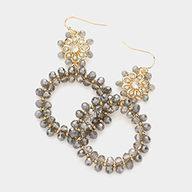 Flower Faceted Bead Wrapped Open Circle Link Dangle Earrings