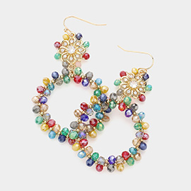 Flower Faceted Bead Wrapped Open Circle Link Dangle Earrings