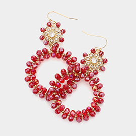 Flower Faceted Bead Wrapped Open Circle Link Dangle Earrings