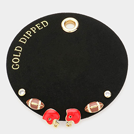 Secret Box _ Gold Dipped Round Stone Football Helmet 3Pairs Stud Earrings