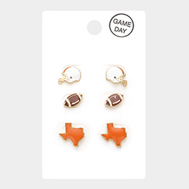3Pairs - Game Day University of Texas Helmet Football State Map Stud Earrings