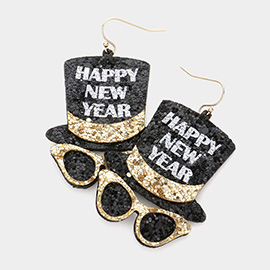 Happy New Year Message Glittered Hat Sunglasses Dangle Earrings