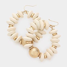 Frosted Metal Ball Accented Wood Beaded Open Circle Dangle Earrings