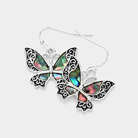 Abalone Embossed Antique Metal Butterfly Dangle Earrings