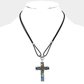 Abalone Embossed Antique Metal Cross Pendant Necklace