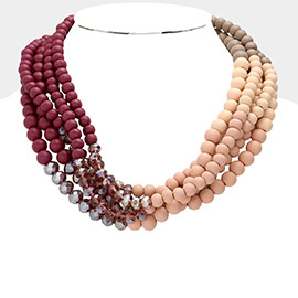 Wood Ball Faceted Beaded Multi Layered Necklace