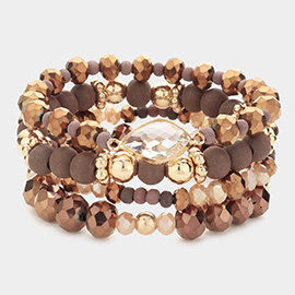4PCS - Petal Accented Wood Ball Faceted Beaded Stretch Bracelets