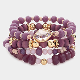 4PCS - Petal Accented Wood Ball Faceted Beaded Stretch Bracelets