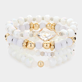 4PCS - Petal Accented Wood Ball Faceted Beaded Stretch Bracelets
