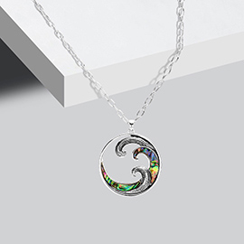Wave Abalone Accented Round Pendant Necklace