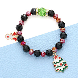 Rudolph Christmas Tree Charm Faceted Beaded Stretch Bracelet