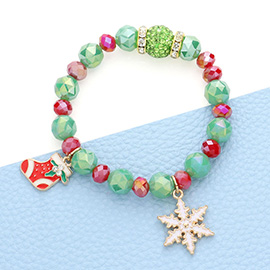 Christmas Sock Snowflake Charm Faceted Beaded Stretch Bracelet