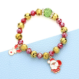 Rudolph Santa Claus Charm Faceted Beaded Stretch Bracelet