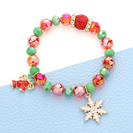 Christmas Jingle Bell Snowflake Charm Faceted Beaded Stretch Bracelet