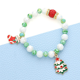 Christmas Sock Tree Charm Faceted Beaded Stretch Bracelet