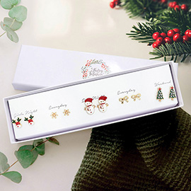 5Pairs - Rudolph Snowflake Snowman Bow Christmas Tree Stud Earrings