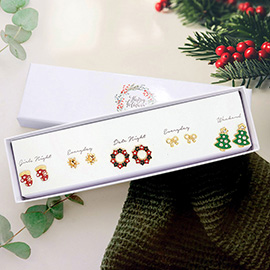5Pairs - Glove Christmas Gift Bow Wreath Bow Tree Stud Earrings