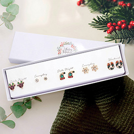 5Pairs - Rudolph Stone Santa Hat Snowflake Christmas Wreath Stud Earrings