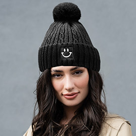 Fleece Lining Smile Pointed Pom Pom Beanie Hat