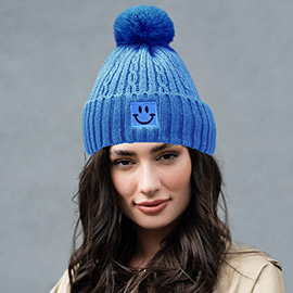 Fleece Lining Smile Pointed Pom Pom Beanie Hat