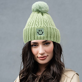 Fleece Lining Smile Pointed Pom Pom Beanie Hat
