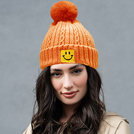 Fleece Lining Smile Pointed Pom Pom Beanie Hat