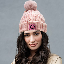 Fleece Lining Smile Pointed Pom Pom Beanie Hat
