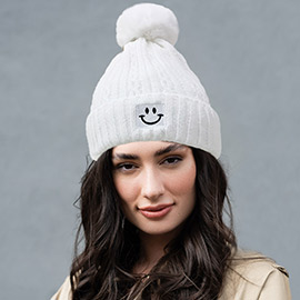 Fleece Lining Smile Pointed Pom Pom Beanie Hat
