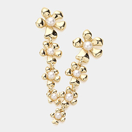 Pearl Centered Metal Flower Link Dangle Earrings