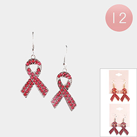 12Pairs - Rhinestone Embellished Pink Ribbon Dangle Earrings