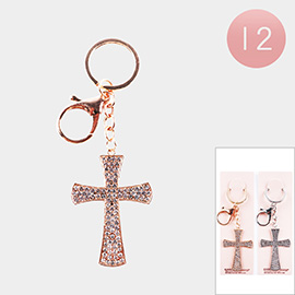 12PCS - Stone Embellished Cross Keychains