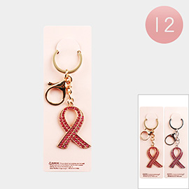 12PCS - Stone Embellished Pink Ribbon Keychains