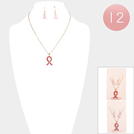 12PCS - Pink Ribbon Pendant Necklaces