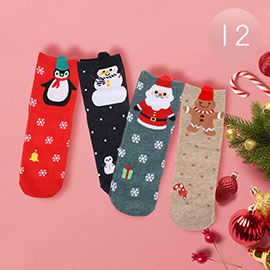 12Pairs - Snowman Penguin Gingerbread Man Santa Claus Printed Socks