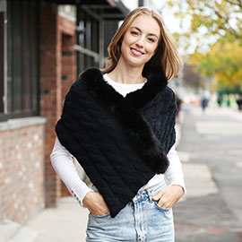 Faux Fur Pointed Cable Knit Shawl