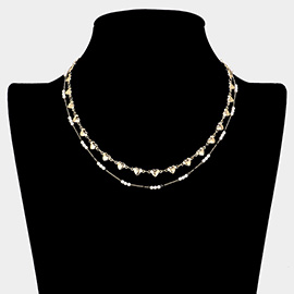 Metal Heart Pearl Link Double Layered Necklace