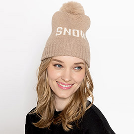 Snow Message Faux Fur Pom Pom Cable Knit Beanie Hat