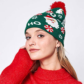 HoHoHo Message Santa Claus Candy Cane Pom Pom Beanie Hat